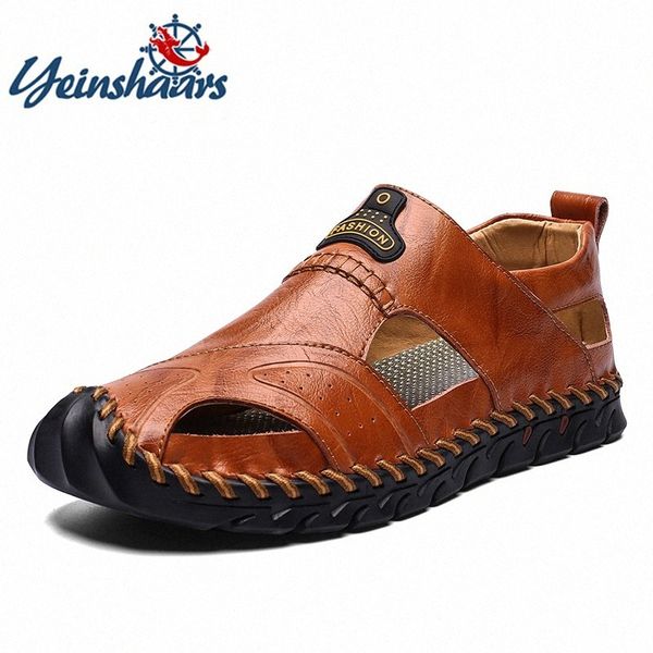 

yeinshaars new genuine leather men shoes outdoor lightweight flats summer shoes comfort beach casual men sandals big size 48 44qg#, Black
