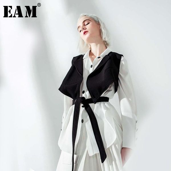 

women's blouses & shirts [eam] 2021 spring autumn lapel long sleeve black vest stitch ribbon loose two piece shirt women blouse fashion, White