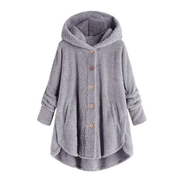 

coats women plus size button plush hooded loose wool coat winter jacket keep warm pockets chaqueton mujer, Gray