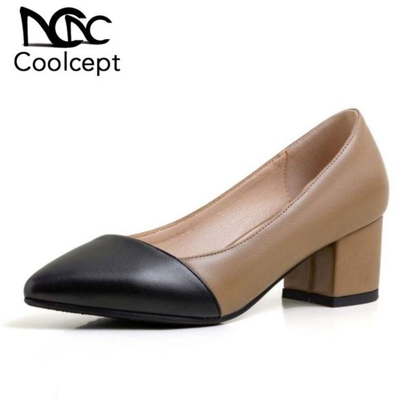 

dress shoes coolcept women fashion pumps color collision design patchwork thick heels footwear size 30-43, Black