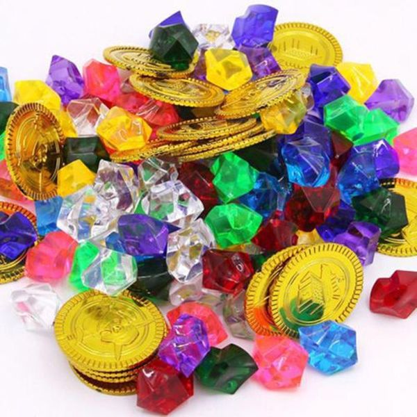 

party favor 100pcs fake gems diamonds 20pcs pirate coins treasure children play toy kit acrylic clear diamond jewels chest