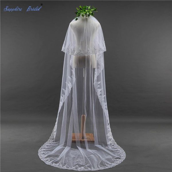 

bridal veils favordear white ivory 3m lace cathedral wedding veil with comb sequins veu de noiva longo com renda, Black