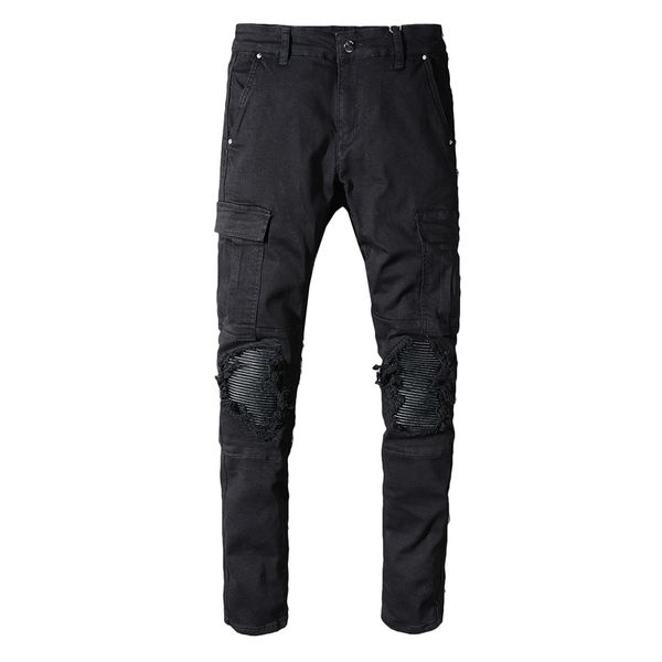 

2021 new men's male trousers street fashion brand spring tooling black hole patch jeans mens stretch slim denim pants 576 vt46, Blue