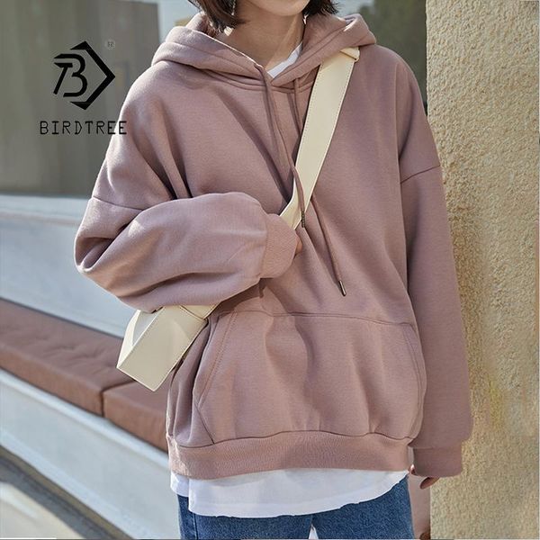

women's hoodies & sweatshirts 2021 women winter warm fleece solid oversize basic cotton thick hooded pullovers big pockets fall korean, Black
