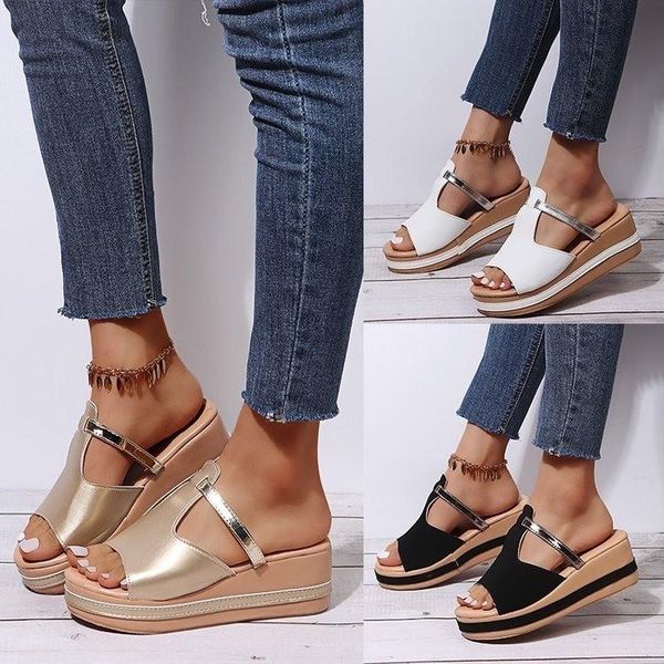 

slippers big size women summer low shoes lady pantofle platform on a wedge slides soft girl 2021 scandals pu rome fabric casual, Black