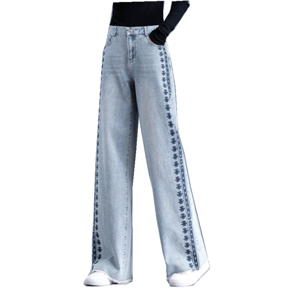 

women's jeans wide leg pants women 2021 spring embroidered denim high waist puls sze trousers straight female big yards, Blue