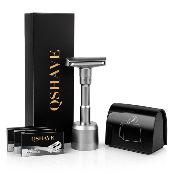 

qshave adjustable safety razor kit mens shaving kit holder + razor + blade disposal case +15 blades set