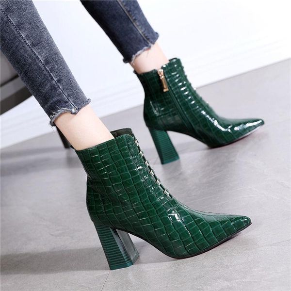 

boots europea style,pu patent,woman short boots,2021 women winter shoes,pointed toe,square heel,side,party footware,beige,green,black