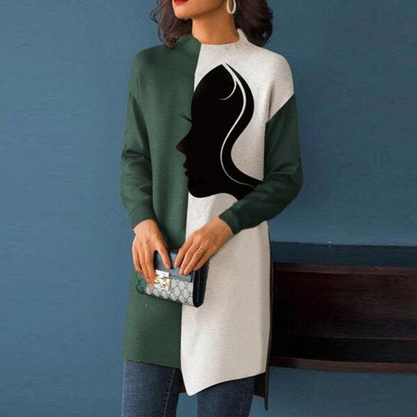 

new women elegant o-neck long sleeve knitted 2021 spring casual fashion abstract pattern print irregular es female ecdh, Black;gray