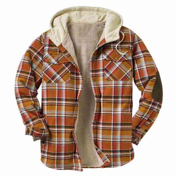

men's autumn and winter plaid hooded shirt long sleeve loose patch bag thickened jacket sy0093, Black