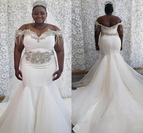 Плюс размер сатин свадебные платья русалка бисером с плечами кристаллы на заказ африканские женщины свадебное платье открыть задний корсет Vestidos de