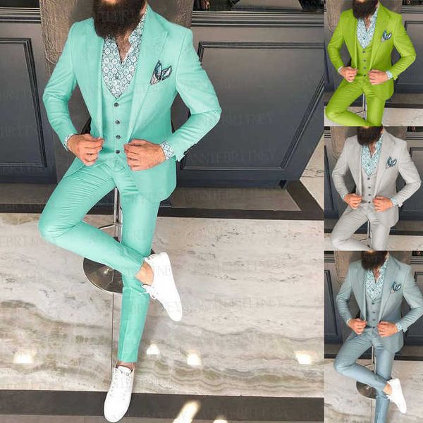 2021 Neueste Türkis Hochzeit Männer Anzug Set Slim Fit Prom Bräutigam Kleid Smoking Orange Blazer Bester Mann Jacke Weste Hosen 3 Stück X0909