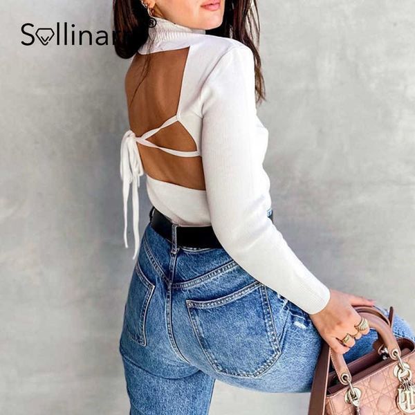 Sollinarry High Street Turtleneck Mulheres Pullover Sólido Sexy Lace Up Branco Camisola Outono Bainha De Outono Moda Manga Longa Senhoras Top 210709