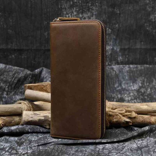 

mens crazy horse leather long wallet zip around genuine case purse with coin pocket 4 interlayer, Red;black