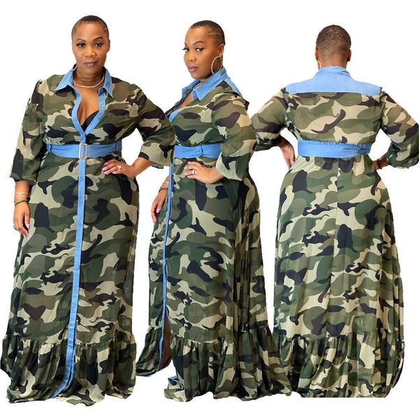 Sommer für Frauen Plus Größe 5XL Camouflage Print Langarm Bodenlangen Hemd Kleid Sexy Fashioh Großhandel Drop 211025