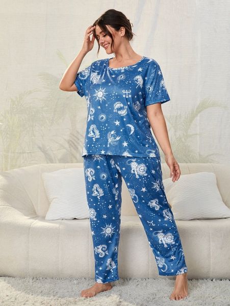 

plus sun & moon print tee & pants pj set 57ss#, Black;white