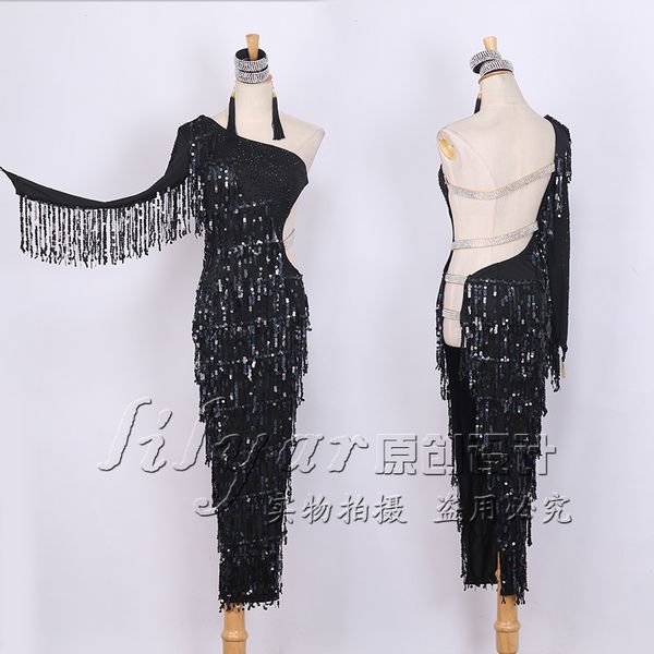

latin dance dress for ladies dance black color bandage tassel skirt women ballroom cha cha rumbaa samba competition costume, Black;red