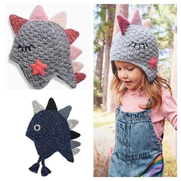 

berets stvy cute dinosaur design baby boy girl knitted hat kids children animal beanie cap winter warm earflaps beanies gift 2 colors, Blue;gray