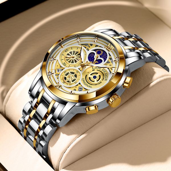 

lige 2021 new fashion mens watches brand luxury stainless steel waterproof sports chronograph quartz watch relogio masculino, Silver