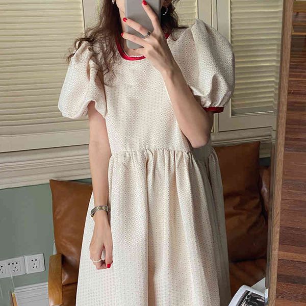 

casual dresses [ewq] korea chic summer round neck robe contrast color lace bow polka dot puff sleeve women office midi dress 16w1474 3vyg, Black;gray
