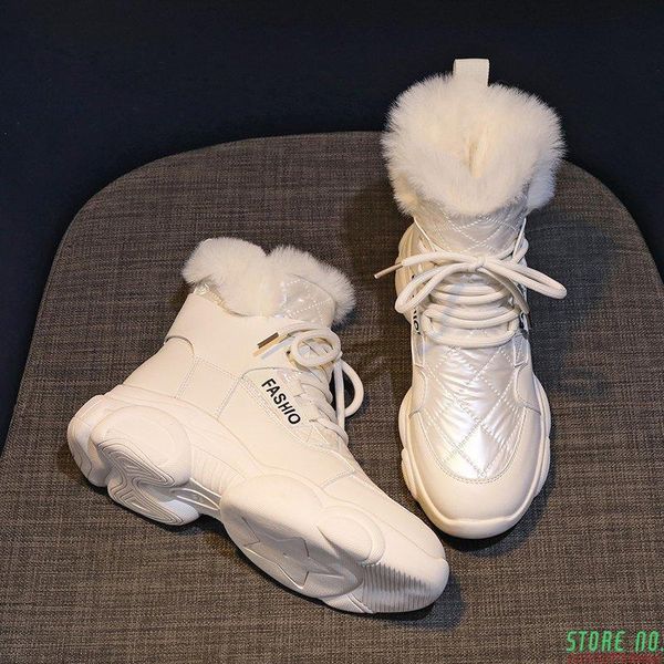 

boots chunky platform cotton padded shoes woman waterproof thick plush snow women 2021 fashion lace up winter sneakers, Black