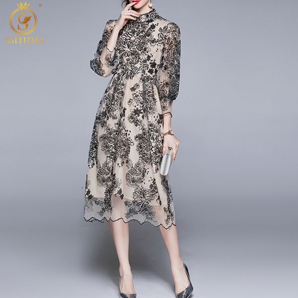 

casual dresses 2021 fashion designer summer black women gorgeous flowers embroidery mesh vintage party vestidos w87c, Black;gray