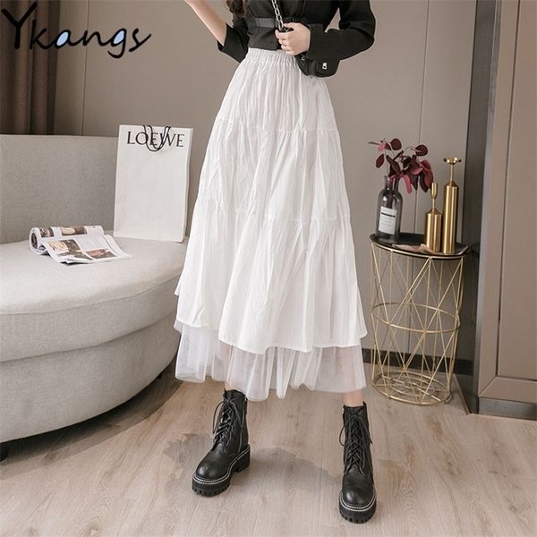 Mulheres Inverno Tule Longo Saia Cintura Alta Ruffles Branco Saias Pretas Gótico Jupe Femme Saia Midi Faldas Meninas 210310