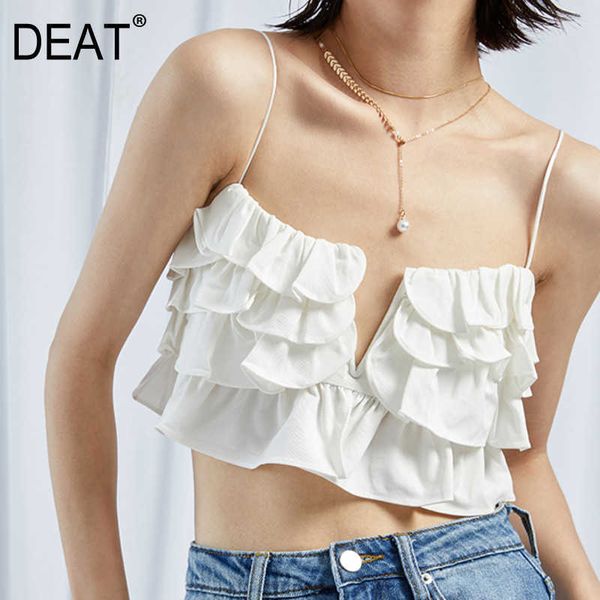 

[deat] summer fashion solid color sleeveless sling ruffles temperament elegant women white tank 13q270 210527