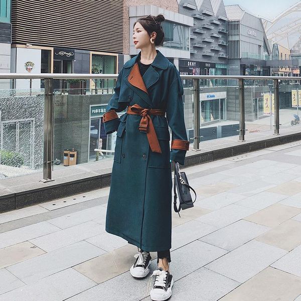 

women's trench coats [ewq] korea chic green coat autumn 2021 laple loose lace up waist double breasted long sleeve windbreaker, Tan;black