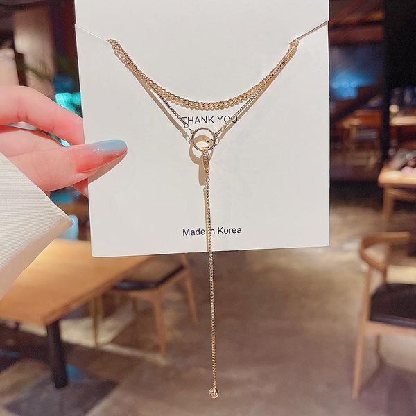 

pendant necklaces double layer round necklace for women fashion long chain gold color stainless steel clavicle jewelry, Silver