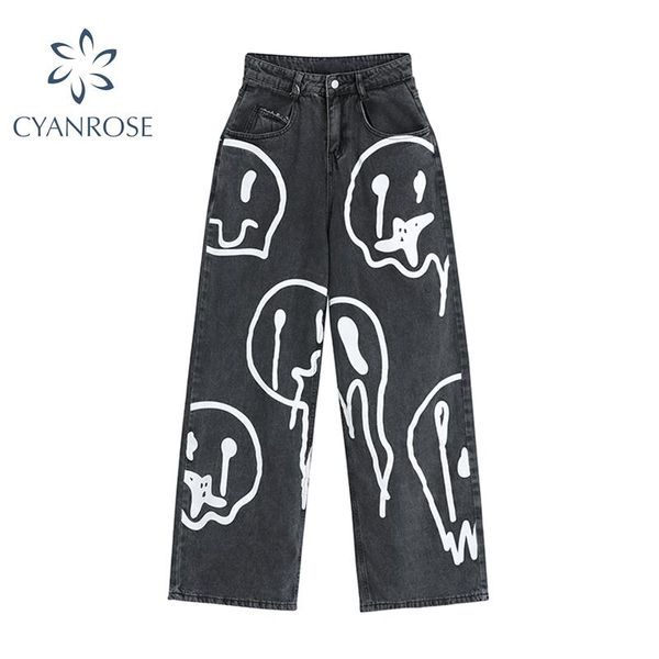 

women's jeans 2021 spring fashion ins street hip-hop printing wash loose casual denim wide leg pants tide woman long trousers, Blue