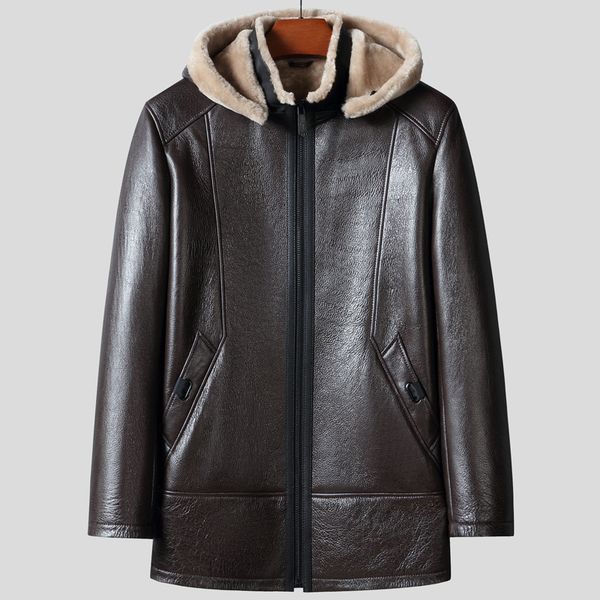 Giacca invernale in pelle da uomo Cappotto bomber Giacca da moto vintage con cappuccio Fodera in pelliccia di lana Giacca a vento Addensare Top caldi Cappotto slim fit Marrone Taglie forti