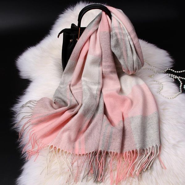 

scarves pink plaid wool scarf for women korean autumn warm shawls and wraps pashmina foulard winter cashmere blanket echarpe, Blue;gray