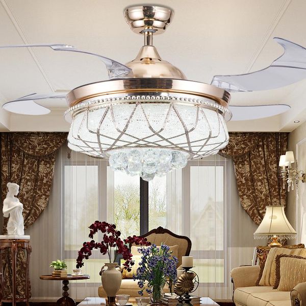 

42 inch modern led crystal ceiling fans with lights remote control living room bedroom folding ceiling fan lamp 220 volt fan