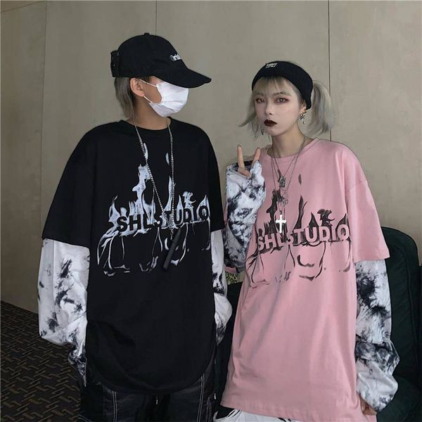 

2021 new hip hop de manga longa black tie-tingido t camisa dos moda casual carta impresso camisetas homens outono do j551, White;black