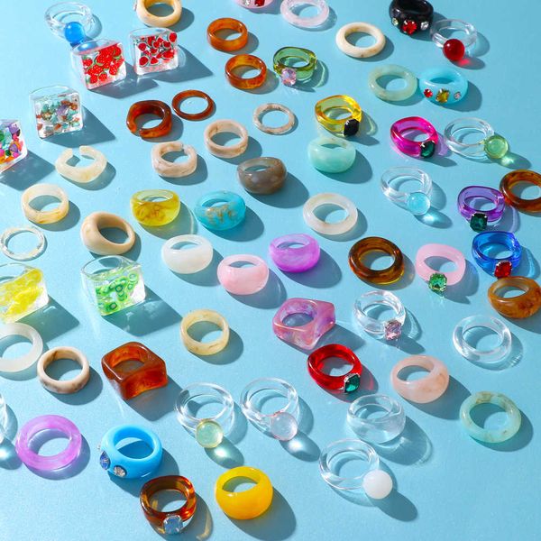 

ring vkme geometric square acrylic resin s set for women girls irregular marble pattern colorful transparent jewelry, Golden;silver