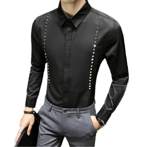 

fashion 2021 autumn long sleeve men's social solid color shirt dress slim fit rivet design british male tuxedo blouses casual shirts, White;black