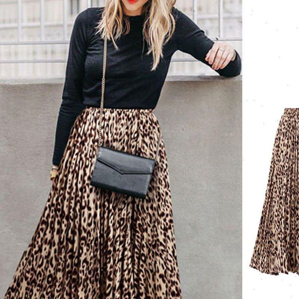 

2021 new girl women skirt female high waist leopard printing a line long pleated skirt for summer spring female clothes, Black