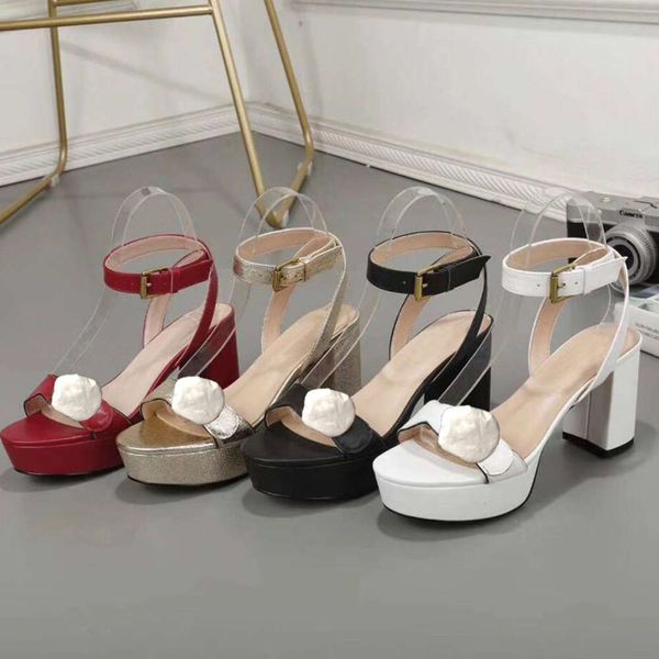 

designer high heeled sandals leather waterproof platform rough heel leather fashion woman shoes metal buckle parties luxury sandals 42, Black