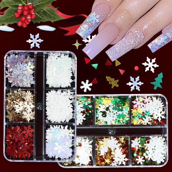 

nail glitter 6 grids 3d snowflake winter sequins set for art decorations xmas trees flakes christmas manicure charms accessories, Silver;gold
