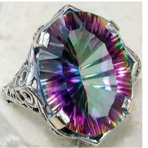 

wedding rings fdlk vintage alloy ring oval cut mystic rainbow color engagement crystal jewelry birthday gift, Slivery;golden