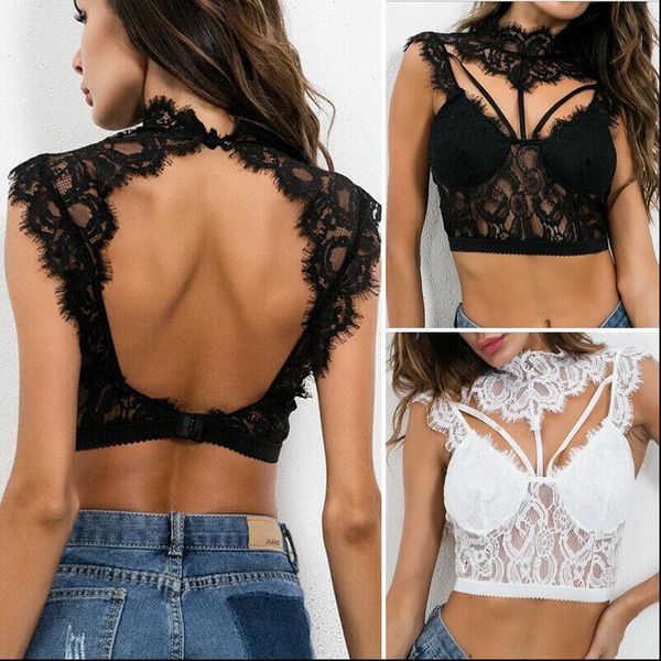 

women lace turtleneck backless sleeveless hollow out vest shirt blouse tank crop plus size, White