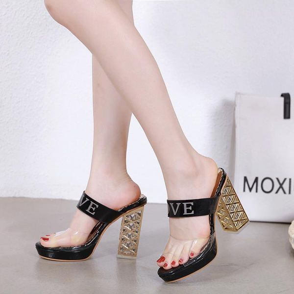 

new crystal thick heel women sandals high heel fish mouth women's slippers size 35-40, Black