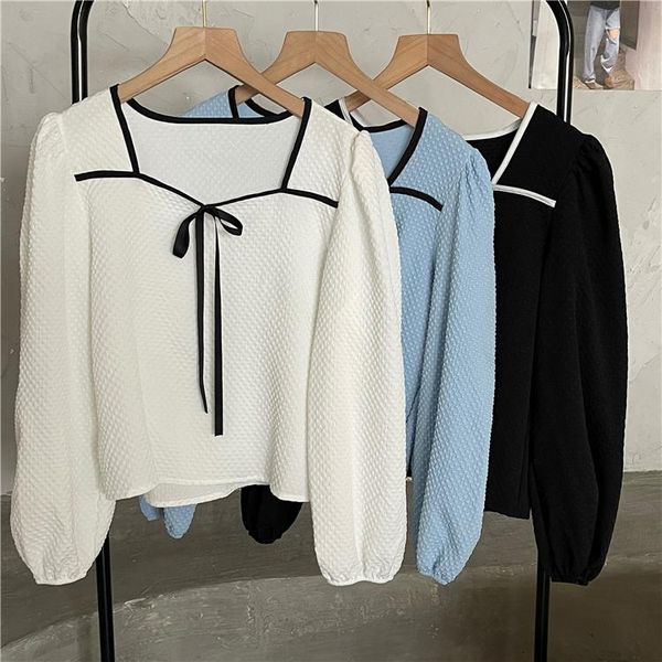 

women's blouses & shirts french square collar puff sleeve long-sleeved shirt women, White