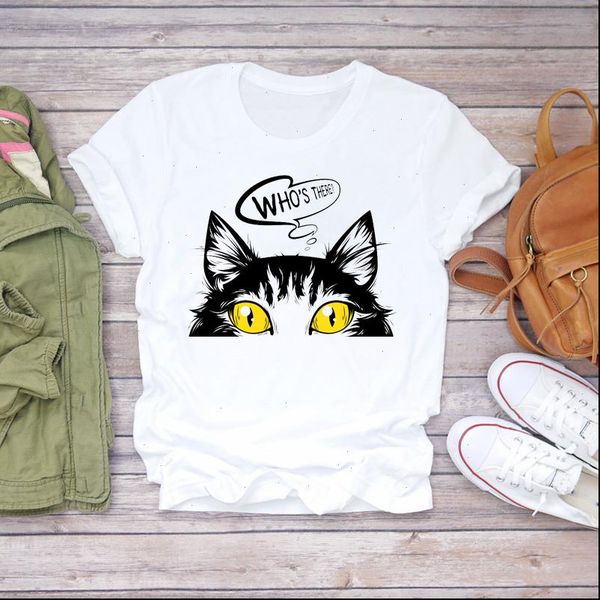 

women cartoon cat animal pet cute short sleeve 90s print lady t shirts womens graphic t shirt ladies female tee, White