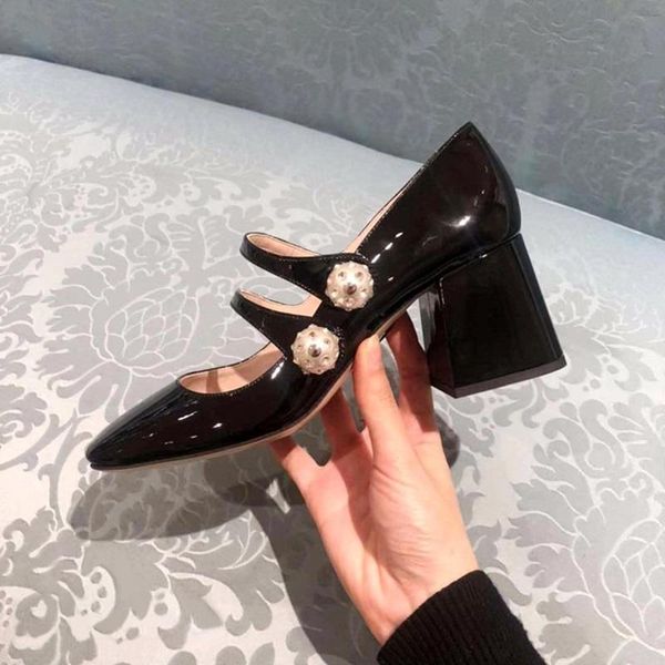 

dress shoes runway women black patent leather high heels wedding woman pearls bead rhinestone mary jane pumps ladies party