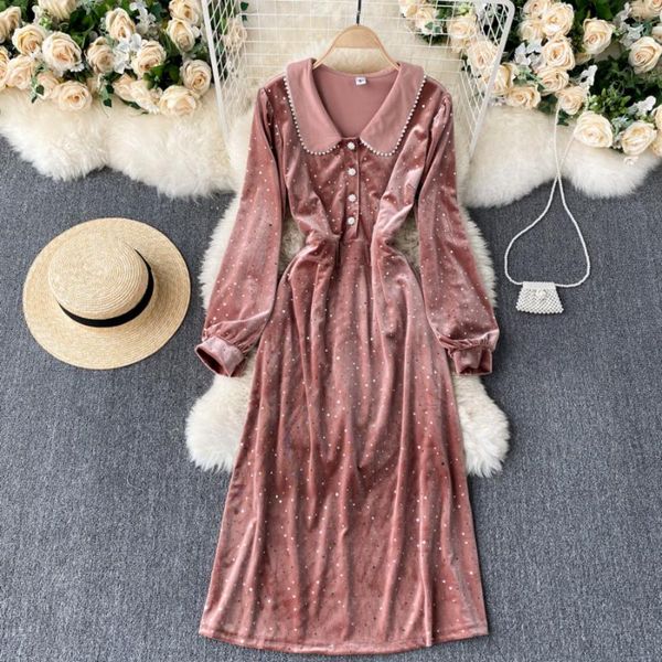 

casual dresses beading vintage velvet party women black midi dress elegant turn-down collar long sleeve high waist vestido spring autumn, Black;gray