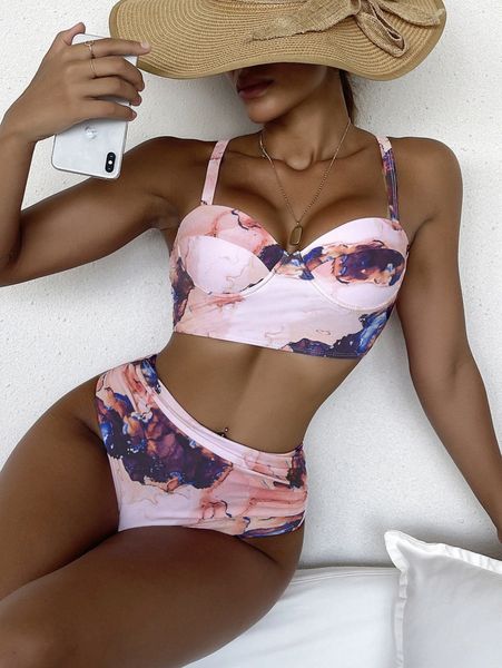 

marble print push up high waisted bikini swimsuit k4jr#, White;black