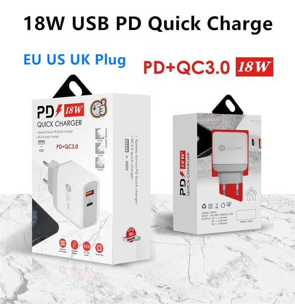 ЕС US UK PLUG PLUG PD TYPE-C Зарядное устройство 18W с QC3.0 Адаптивная быстро зарядка USB-зарядное устройство Двухворное зарядное устройство для iPhone 12 Samsung S20