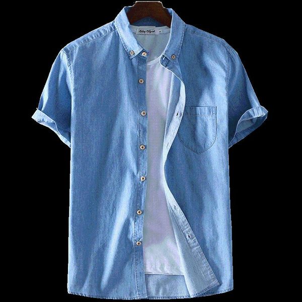 

men's casual shirts 100% cotton summer slim denim short-sleeved shirt classic brand trendy fashion high-quality blue light, White;black